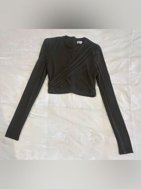 Zara Brown Draped Crewneck Long-Sleeve Crop Top